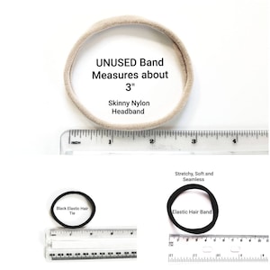 May include: A beige nylon headband measuring 3 inches in diameter, next to a ruler. The headband is stretchy, soft, and seamless. The text "UNUSED Band Measures about 3" Skinny Nylon Headband" is written on the image.