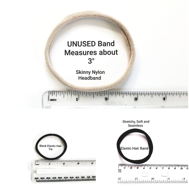 May include: A beige nylon headband measuring 3 inches in diameter, next to a ruler. The headband is stretchy, soft, and seamless. The text "UNUSED Band Measures about 3" Skinny Nylon Headband" is written on the image.
