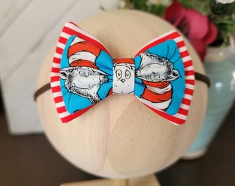 Cat in the Hat Hair Bow, Cotton Fabric, Baby/Toddler Bow, Skinny Headband, Hair Tie, Elastic Band, Hair Clip, Approx. 3.5&quot;L×2-1/4&quot;H