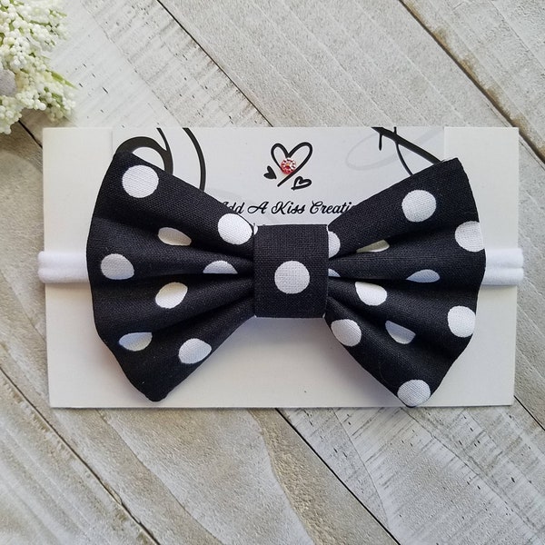 Black with White Dots Bow, Made with Cotton Fabric, Available with Skinny Nylon Headband, Hair Clip or Hair Tie/Band, Measures 4"L×2-1/2"H