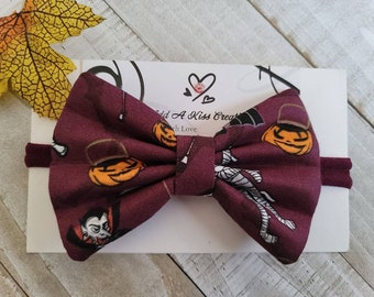 Pumpkin Halloween Hair Bow with Maroon Color Skinny Nylon Headband, Made with Cotton Fabric, Measures Approximately 4"Lx2-3/4"H