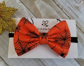 Spider Web Halloween Hair Bow with Black Color Skinny Nylon Headband, Girls Bow, Baby Bow, Toddler Bow, Measures Approximately 4"Lx2-3/4"H