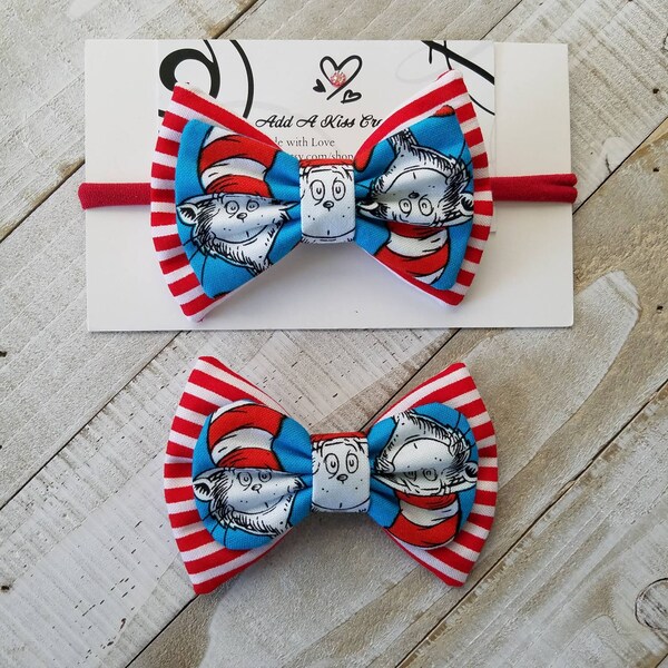 Cat in the Hat Dr. Seuss Hair Bow, Cat in the Hat Cotton Fabric Bow, Toddler Cat in the Hat Hair Bow, Cat in the Hat Nylon Headband