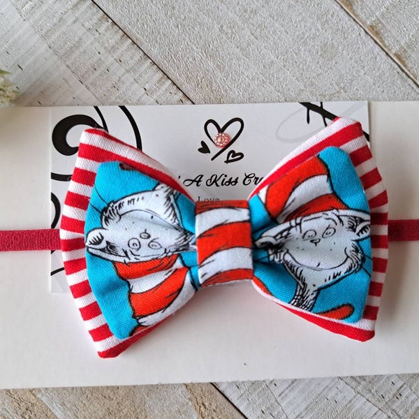 Cat in the Hat Dr. Seuss Hair Bow, Cat in the Hat Cotton Fabric Bow, Toddler Cat in the Hat Hair Bow, Cat in the Hat Nylon Headband