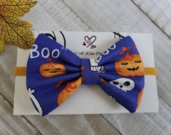 Pumpkin Halloween Hair Bow with Mustard Color Skinny Nylon Headband, Made with Cotton Fabric, Measures Approximately 4"Lx2-3/4"H