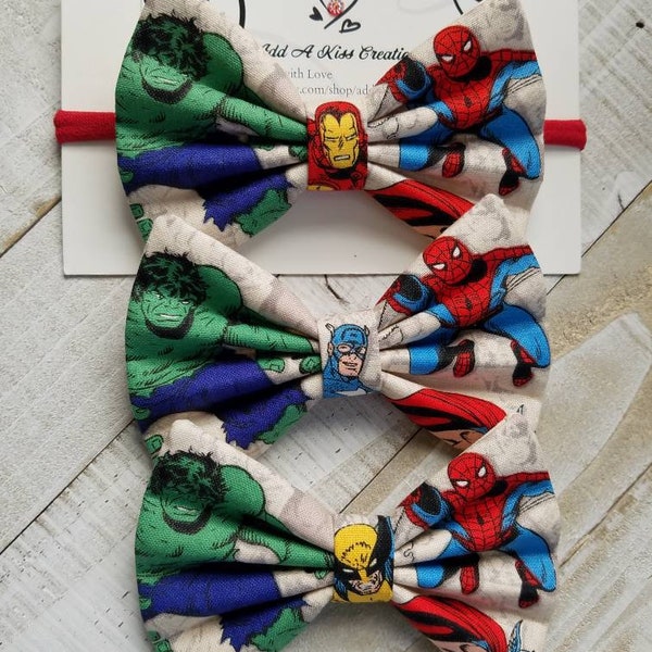 Marvel Hero Hair Bow, Cotton Fabric, Girls Hair Bow, Skinny Nylon Headband, Hair Clips, Hair Tie/Band, Measures Approx. 4"L×2-3/4"H