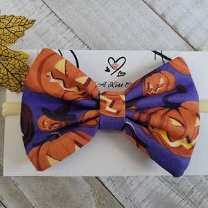 Halloween Pumpkin Hair Bow with Light Yellow Color Skinny Nylon Headband, Made with Cotton Fabric, Measures Approximately 4&quot;Lx2-3/4&quot;H