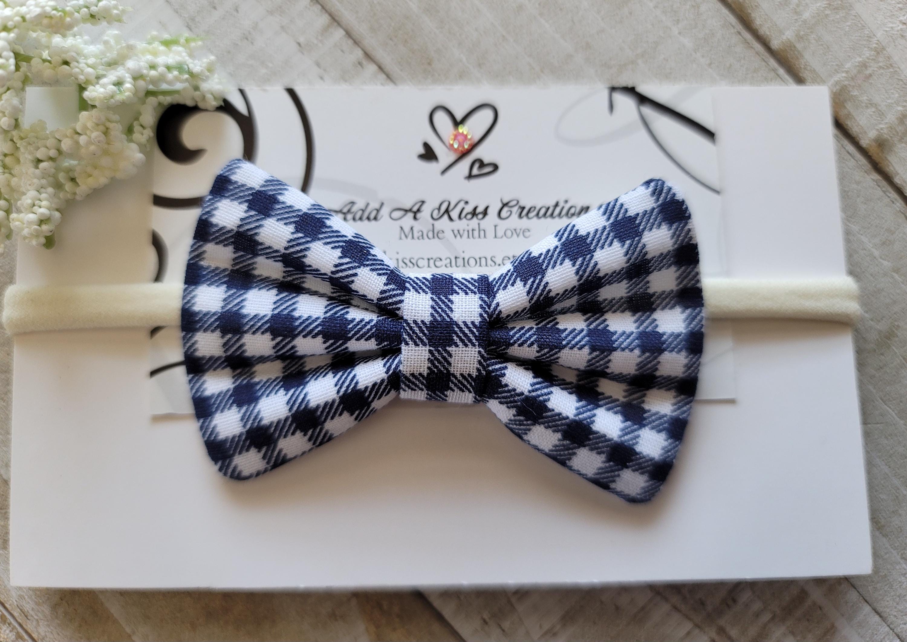 Navy and White Gingham Hair Bow | Cotton Fabric | Alligator or Barrette Clip | Skinny Nylon Headband