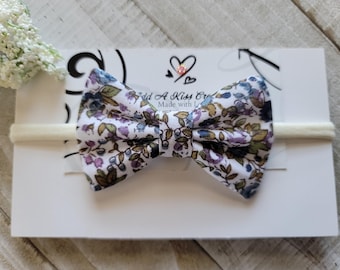 Floral Bow White Purple Olive | 3 inch | Cotton Fabric | Alligator or Barrette Clip | Skinny Nylon Headband | Baby Bow | Pet Bow