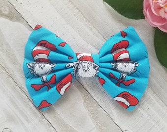 Cat in the Hat Hair Bow, Cotton Fabric, Toddler Bow, Baby Bow, Skinny Nylon Headband, Hair Clip or Hair Tie/Band, Approx. 5&quot;L × 3-1/2&quot;H