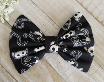 Cat Skeleton Hair Bow | Handmade | 5 inch |CottonFabric | Alligator or Barrette Clip | Skinny Nylon Headband