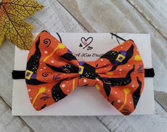 Witch Hats Halloween Hair Bow with Black Color Skinny Nylon Headband, Made with Cotton Fabric, Measures Approximately 4"Lx2-3/4"H
