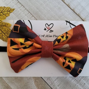 Pumpkin Halloween Hair Bow with Black Color Skinny Nylon Headband, Made with Cotton Fabric, Measures Approximately 4&quot;Lx2-3/4&quot;H