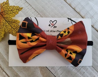 Pumpkin Halloween Hair Bow with Black Color Skinny Nylon Headband, Made with Cotton Fabric, Measures Approximately 4"Lx2-3/4"H