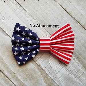 May include: A red, white, and blue bow tie with a stars and stripes pattern. The bow tie is made of fabric and has a no attachment option.