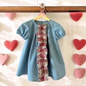 Chambray Girls Pleated Front Dress-Short Puffy Sleeves-Plaid Ruffled Front-Loose Fitting-Button Loop Closure-Summertime-Playtime-Size 2