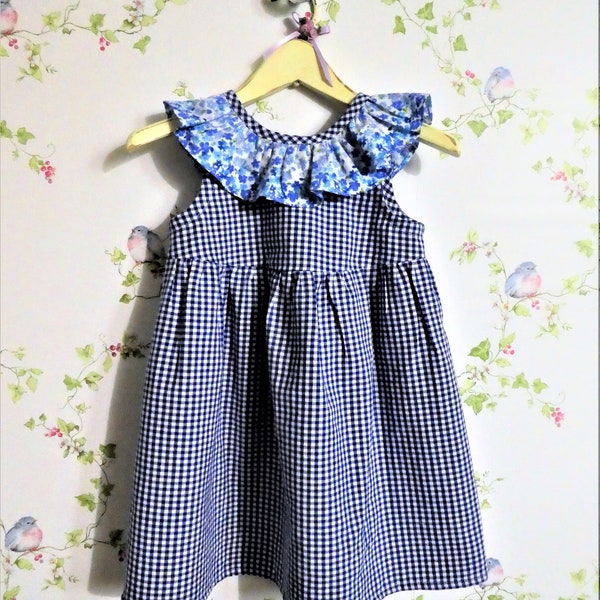 Royal Gingham Dress for Baby- Ruffled Collar in Calico Print- Large Bow on Back- Baby Gift-Baby Shower Gift-Size 18 months  (21-24 lbs.)