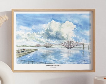 Forth Rail Bridge Print | Firth of Forth Bridge Print Poster | Scottish Wall Art | Edinburgh Watercolour Painting | Scottish Landscape