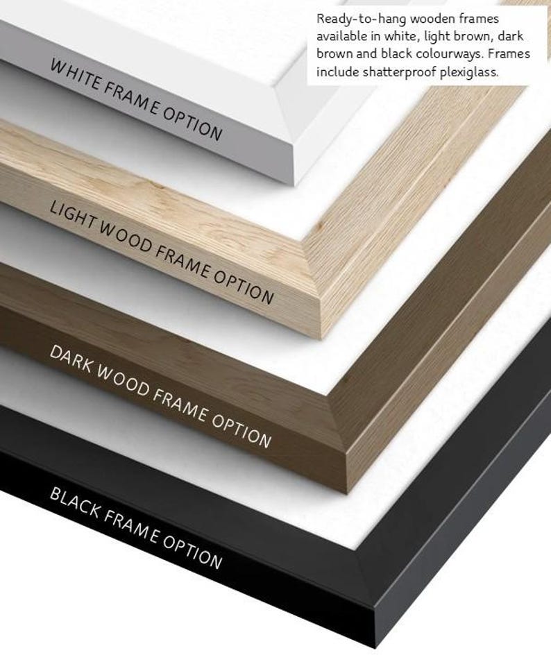 May include: Close-up of four wooden frame options: white, light wood, dark wood, and black. Each frame option is labeled with its respective color. The text in the image reads: Ready-to-hang wooden frames available in white, light brown, dark brown and black colourways. Frames include shatterproof plexiglass.