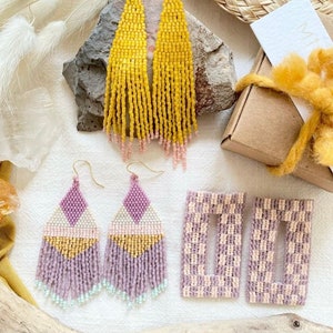 Handwoven beaded fringe earrings Dangles Gift For Her One Of A Kind Gold Purple Mint Blue Mothers Day image 4