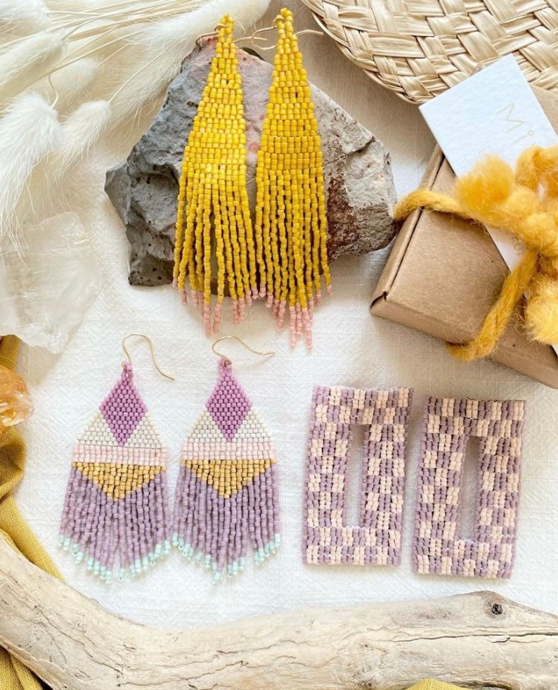 Handwoven beaded fringe earrings Dangles Gift For Her One Of A Kind Gold Purple Mint Blue Mothers Day image 4