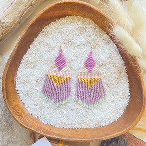 Handwoven beaded fringe earrings Dangles Gift For Her One Of A Kind Gold Purple Mint Blue Mothers Day image 1