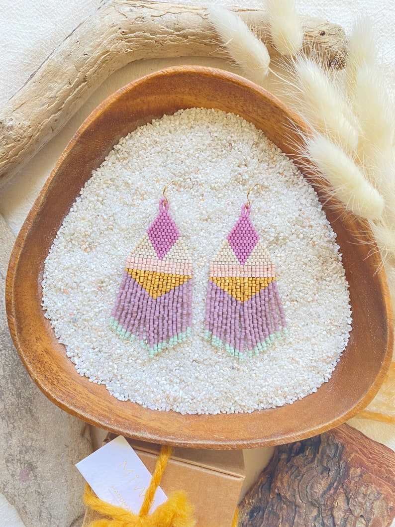 Handwoven beaded fringe earrings Dangles Gift For Her One Of A Kind Gold Purple Mint Blue Mothers Day image 1