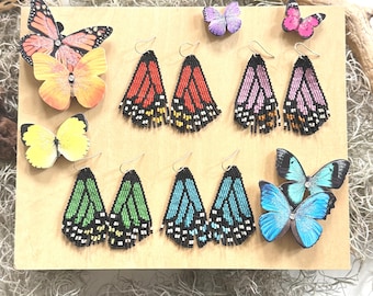Monarch Butterfly Wing Earrings, Beaded Fringe Earrings, Handmade Boho Jewelry, Native Inspired Seed Bead Earrings, Gift for Nature Lovers