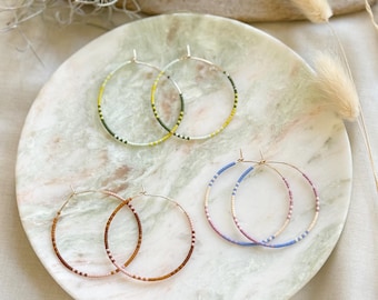 Colorful Beaded Hoop Earrings – Handmade with Japanese Miyuki Delica Beads – Gold Filled 45mm Hoops – Minimalist Boho Jewelry