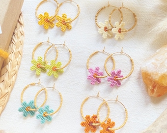 Daisy Beaded Hoop Earrings++ white•Pink•Yellow•Blue•Green•Pumpkin- Gift for her-Beaded Jewelry Handmade Earrings