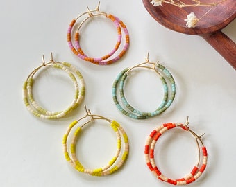 Seed beads gold filled hoop earrings, checkers, colorful hoops, gift for her, minimalist hoop earrings, small hoops, everyday earrings