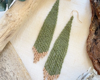 Beaded fringe Earrings =C E N A=little | Dangles | Gift For Her | Green | Modern | Simple