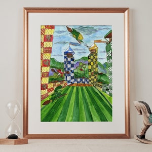 May include: A watercolor painting of a Quidditch match. The scene depicts two towers, one blue and one yellow, with a green field in the foreground. The towers are decorated with the crests of the Hogwarts houses. The players are flying on broomsticks, and the golden snitch is in the air.