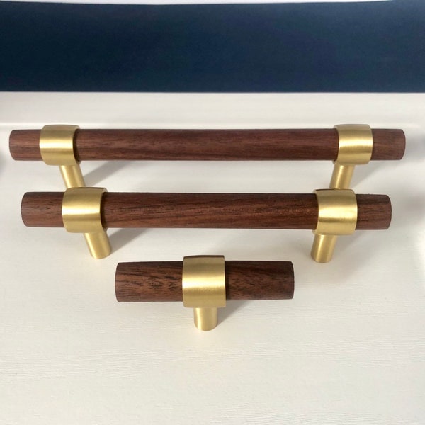 Brass With Walnut or Beech Drawer Pulls *Adjustable hole to hole*, Cabinet Pulls, Cupboard Pulls for homes, offices, cafes, restaurants etc.