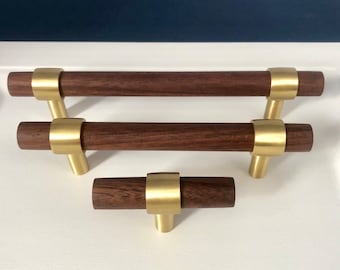 Brass With Walnut or Beech Drawer Pulls *Adjustable hole to hole*, Cabinet Pulls, Cupboard Pulls for homes, offices, cafes, restaurants etc.