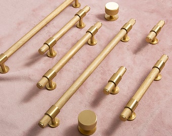 Knurled Gold Brass Cabinet Pull - Modern Drawer Knob, Wardrobe Hardware