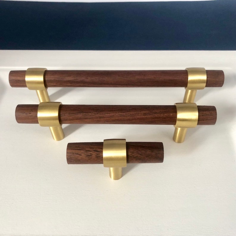 Brass With Walnut or Beech Drawer Pulls *Adjustable hole to hole*, Cabinet Pulls, Cupboard Pulls for homes, offices, cafes, restaurants etc. 