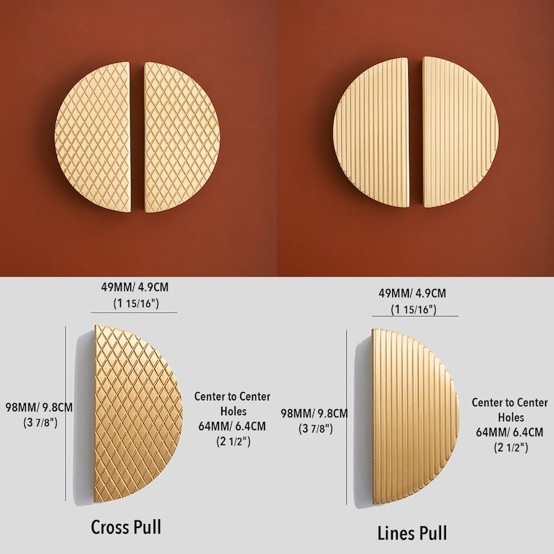 Semi Circle Brass Cross hatching and Vertical Lines Cabinet Pulls Knobs, Gold Handles, Gold Pulls, Wardrobe Handles Knobs image 9