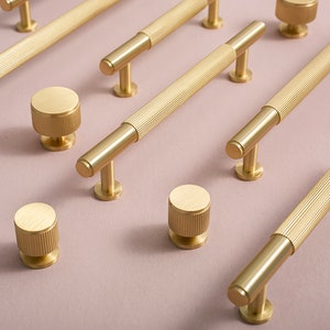 Fluted Gold Brass Cabinet Pulls Rimmed, Cabinet Knobs, Dresser Pulls and Knobs, Drawer Pulls, Drawer Knobs, Wardrobe Pulls, Wardrobe Knobs