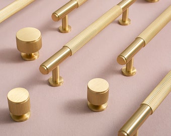 Fluted Gold Brass Cabinet Pulls Rimmed, Cabinet Knobs, Dresser Pulls and Knobs, Drawer Pulls, Drawer Knobs, Wardrobe Pulls, Wardrobe Knobs