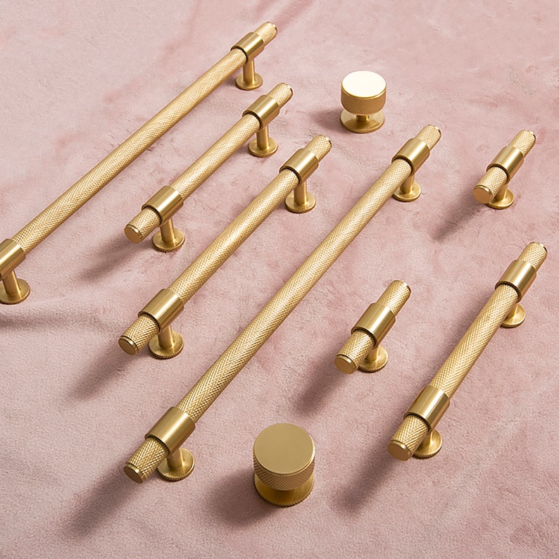 Knurled Gold Brass Pulls Rimmed Knobs Etsy