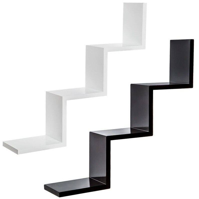 Modern Zig Zag W Step Shape Floating Wall Shelves Display Books Cd Dvd Shelf