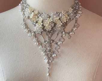 Vintage Colleen Toland White, Cream, Crystal Dramatic V Shape Stunning Statement Necklace/Choker handmade wedding bridal designer red carpet