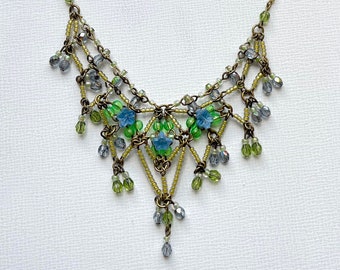 Vintage Colleen Toland XO Pink Green Beaded Necklace Drop Handmade