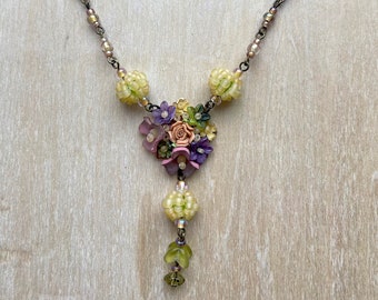 Vintage COLLEEN TOLAND chintz flower rose handmade pendant beaded womans romantic necklace yellow purple designer handcrafted collectable