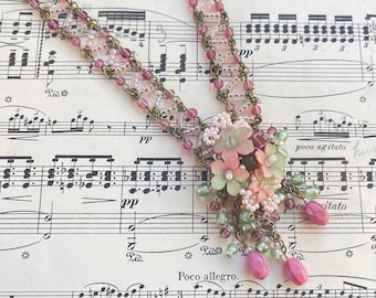 Vintage COLLEEN TOLAND Multi Pink Beaded Rose Floral Necklace romantic jewelry womans jewellery handmade one-of-a-kind designer signed
