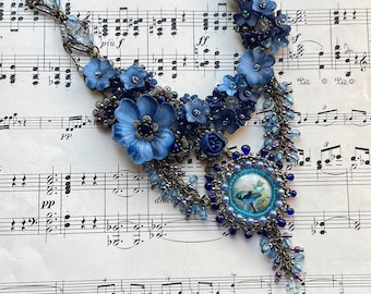 Vintage COLLEEN TOLAND Navy Blue Beaded Cameo Statement Necklace romantic handmade floral flower womans jewelry gift bib trending ooak