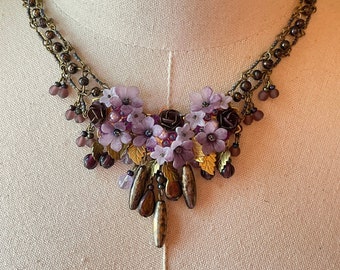 Vintage Colleen Toland Purple Bronze Metallic Handbeaded Collana gioielli fatti a mano fiore collana gioielli romantici ooak collana gioielli anni '90