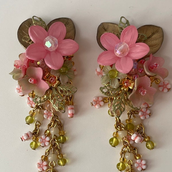 Vintage Colleen Toland Pink Chandelier Earrings 90s.