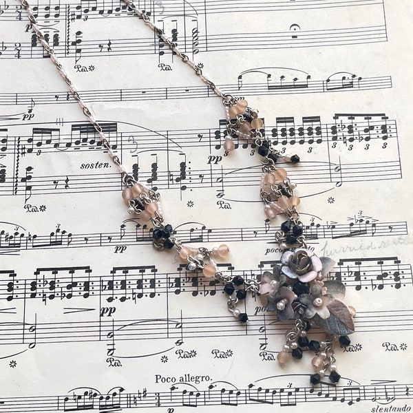 Vintage COLLEEN TOLAND Pink and Black Rose Beaded Necklace romantic handmade womans jewelry flower floral beaded wedding bridal designer